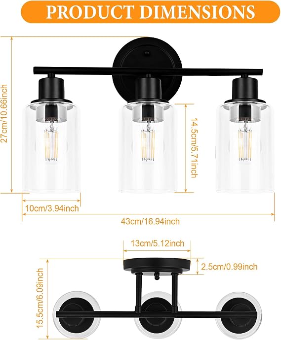2 Pack 13 Inch Black Ceiling Light Fixture and 1 Pack 3-Light Black Vanity Light Fixture for Bathroom