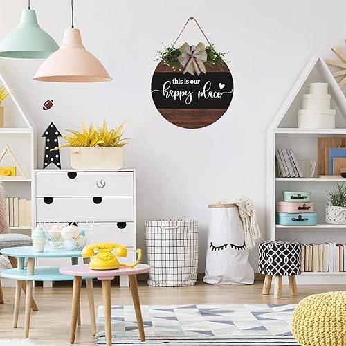 Miniatura 6 de This is Our Happy Place - Letrero redondo de madera para puerta delantera, porche, decoración de corona de bienvenida con texto en inglés "Our Happy