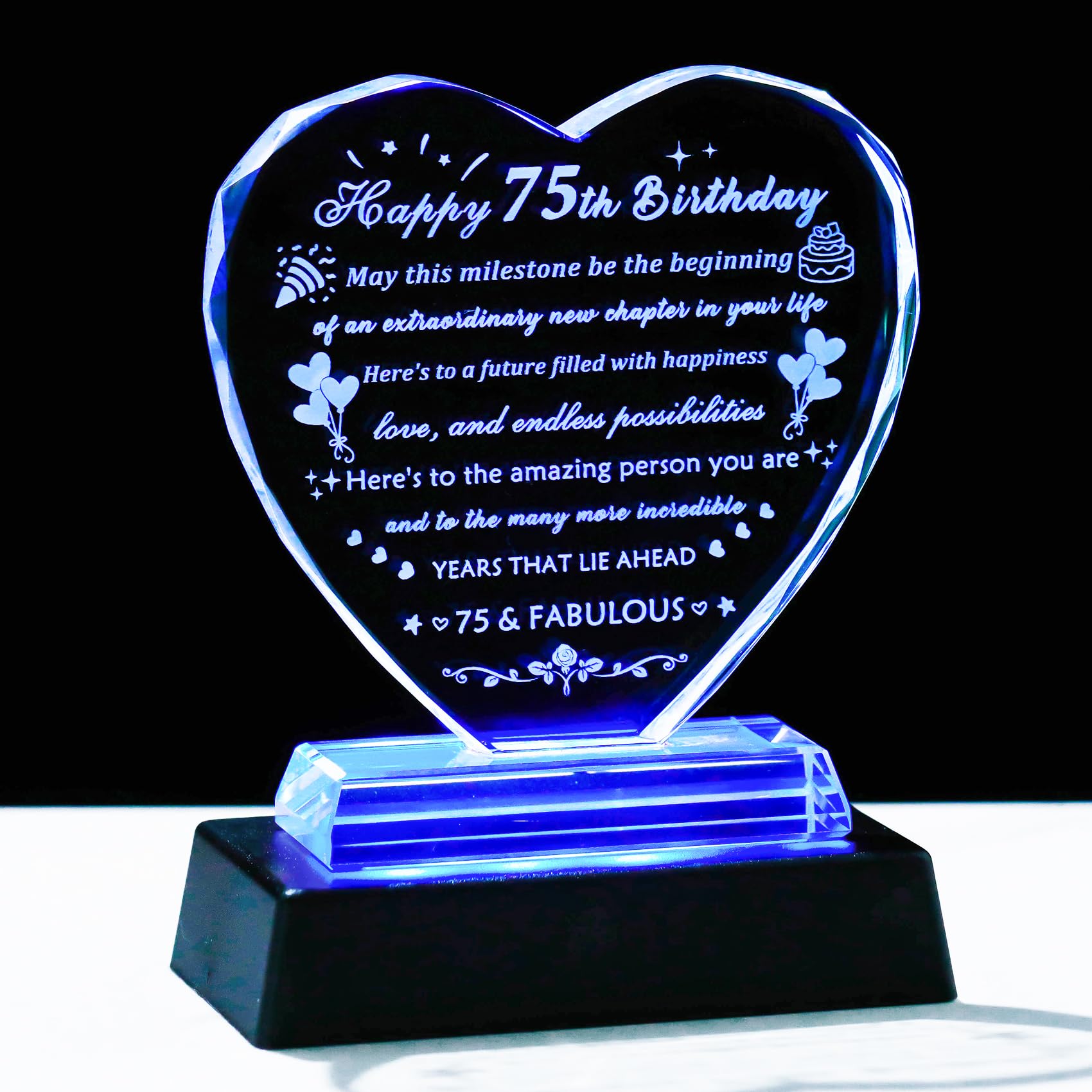YWHL 75th Birthday Gifts for Women Men with Colorful Light Base, Laser Crystal Heart Happy 75th Birthday Decoration Plaque, Gifts Ideas for 75 Year