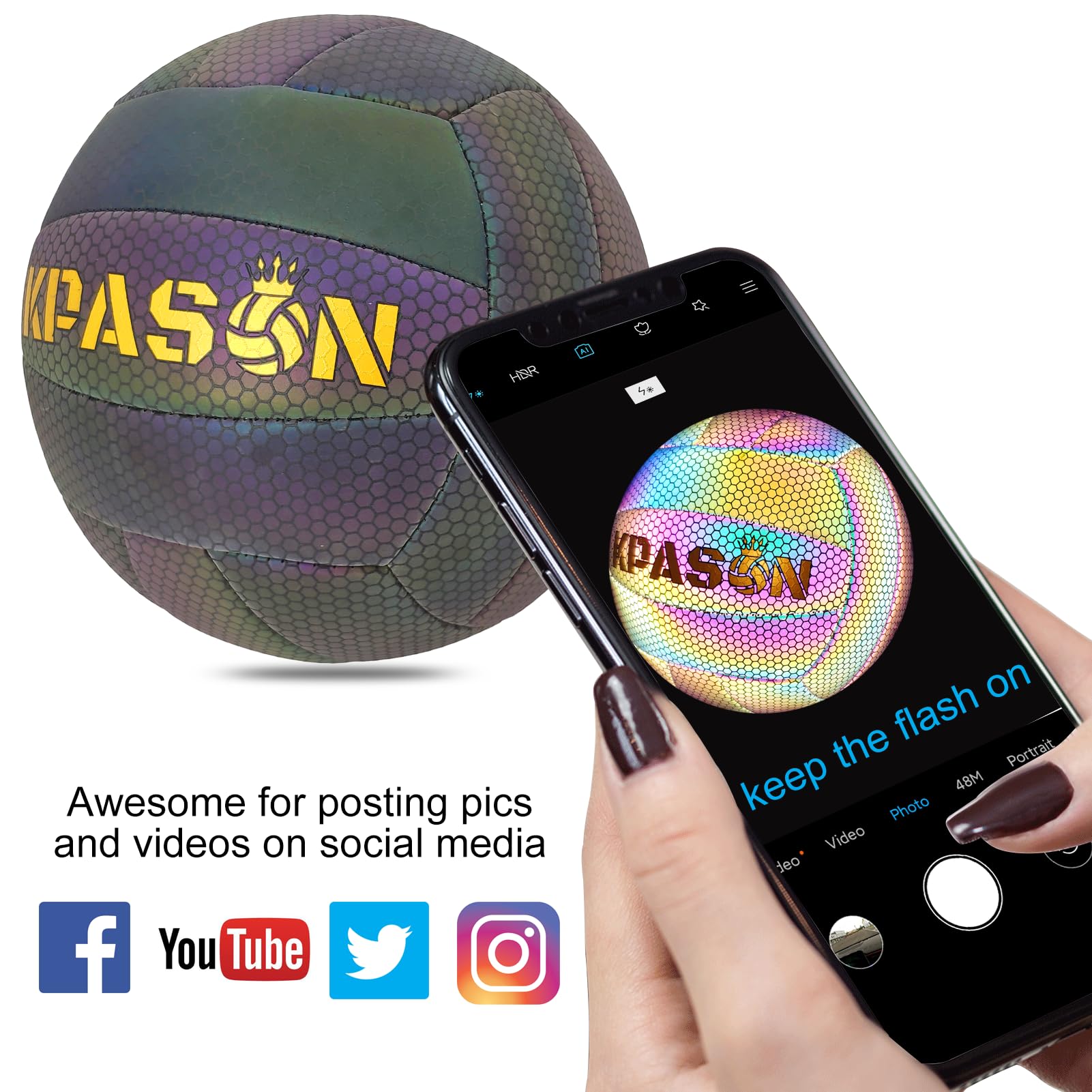 KPASON Volleyballs, Holographic Glowing Volleyball Official Size 5, Indoor Outdoor Beach Volleyball Ball for Men Women