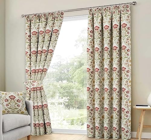 Floral Chenille Curtains, Tapestry Pattern Floral, Traditional Damask Design, 2 Colours 6 Sizes Heading Tape Pencil Pleat (Cream Terracotta, 65 inch width x 90 inch length)
