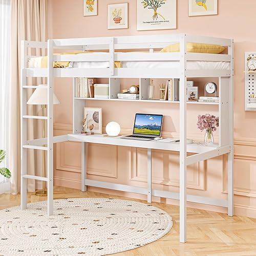 Miniatura 8 de Giantex Cama alta individual con escritorio y estantería, marco de cama alta de madera maciza con barandillas de seguridad y escalera, marco de cama