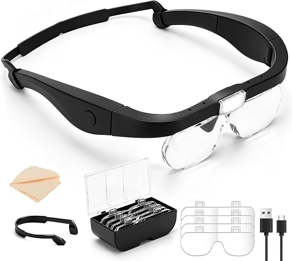 Lupa de Cabeza con Luz LED, Recargable, Sin Manos, con Lentes Intercambiables 1.5X 2.5X 3.5X 5.0X, para Manualidades, Joyería, Reparaciones, Lectura y Trabajo de Cerca