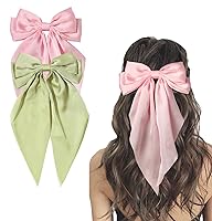 Vista 8 de Furling Pompoms Lazos para el cabello para mujer, lazos grandes de color rosa para niñas, cinta blanca para el cabello, colas largas de satén