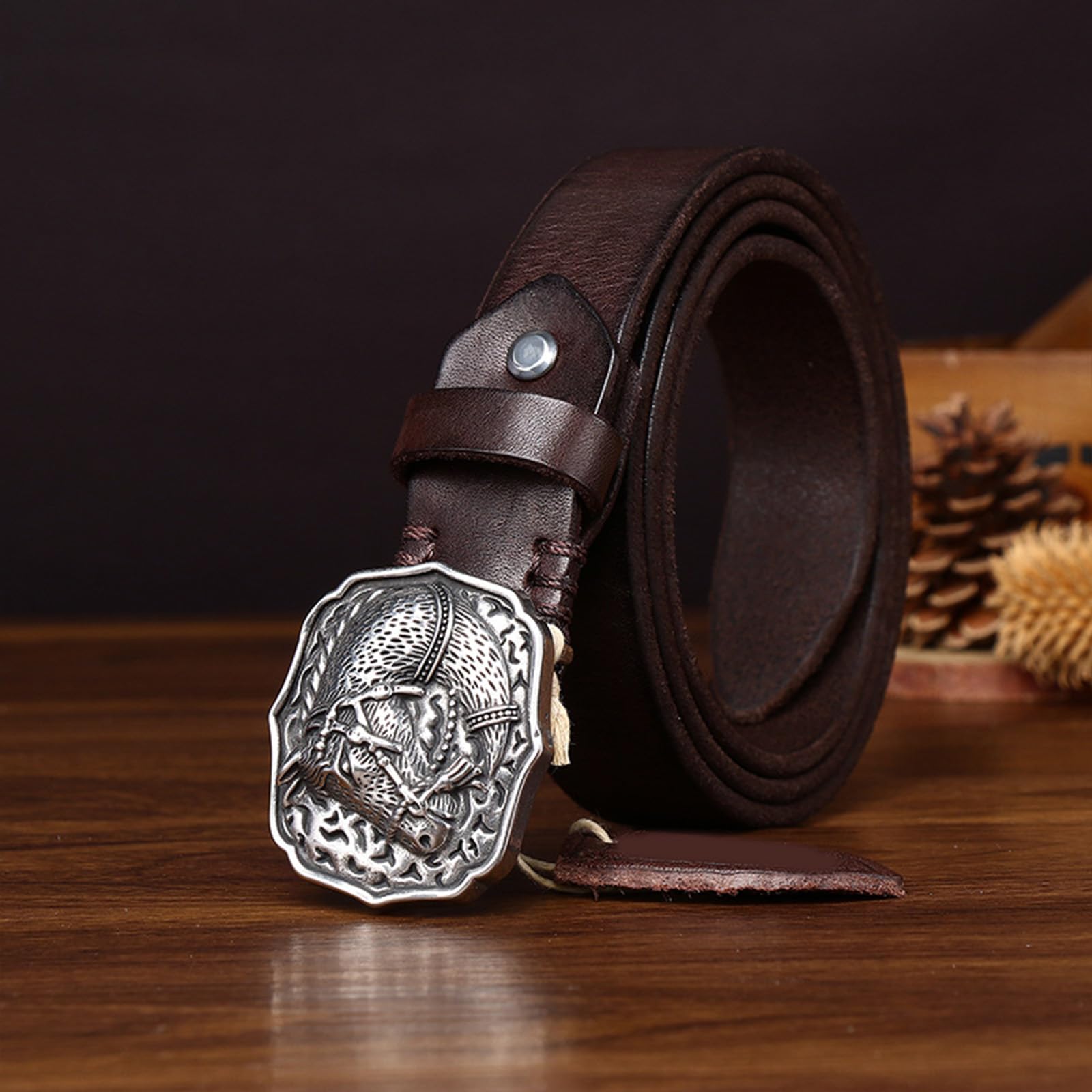 Cinturón Occidental Mujeres Hombre, Cinturón De Piel De Vacuno,Cinturón Casual Mujere, Cinturón De Cuero Vaquero con Hebilla Grabada Vintage para Pantalones Vaqueros,Marrón,115CM/45.3''
