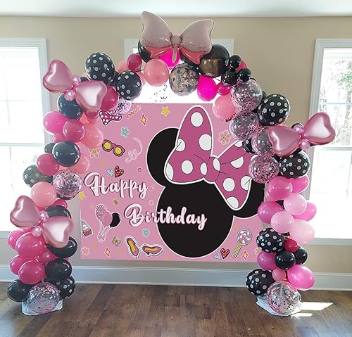 Miniatura 4 de Telón de fondo de ratón rosa de 5 x 3 pies, suministros de decoración de fiesta de cumpleaños para niñas, 130 piezas de globos con lazo, kit de