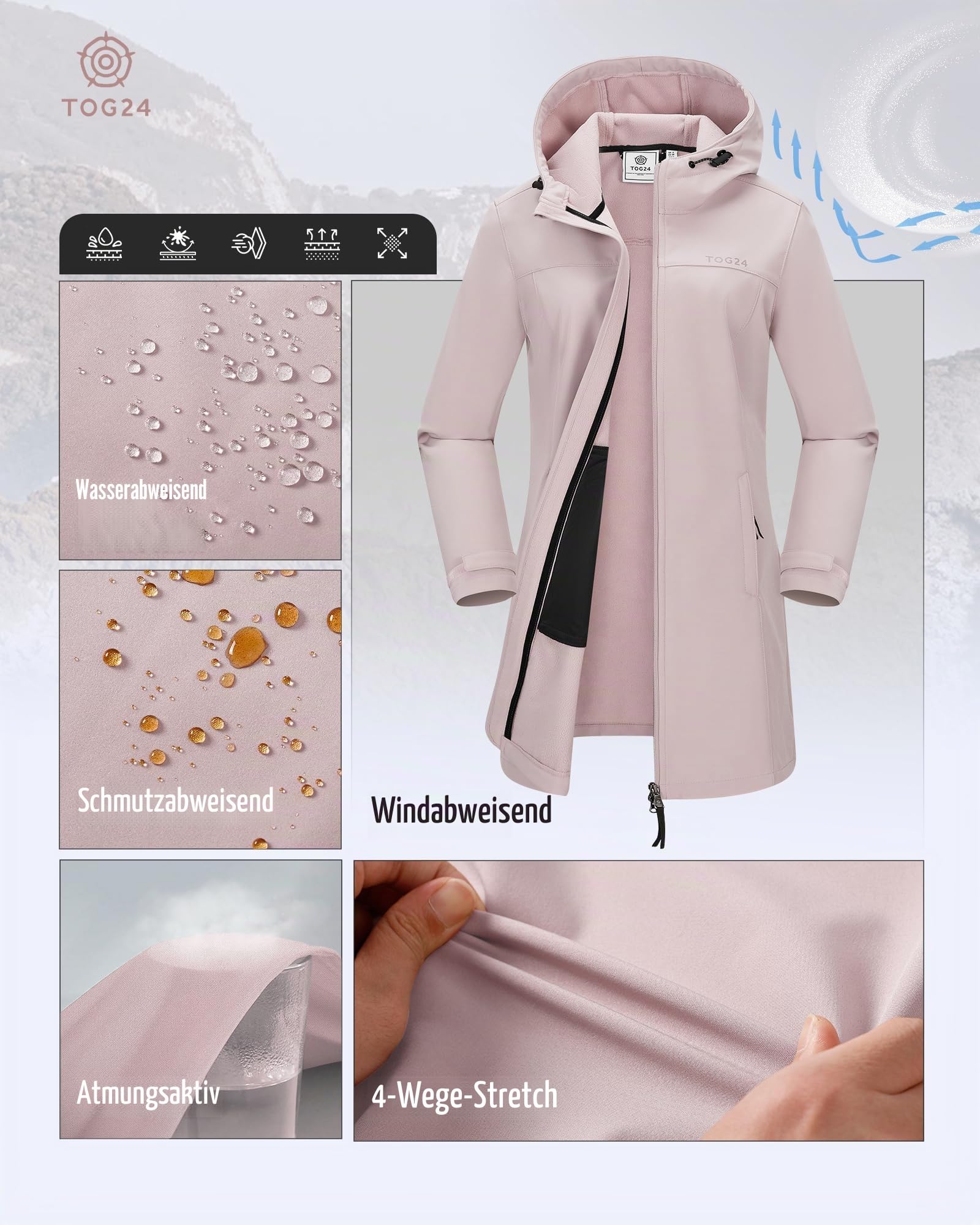 TOG24 Keld Damen Softshelljacke mit Kapuze Wasserabweisend Outdoor Lang Übergangsjacke Fleece Gefütterte Wanderjacke Atmungsaktiv Winterjacke Outdoorjacke