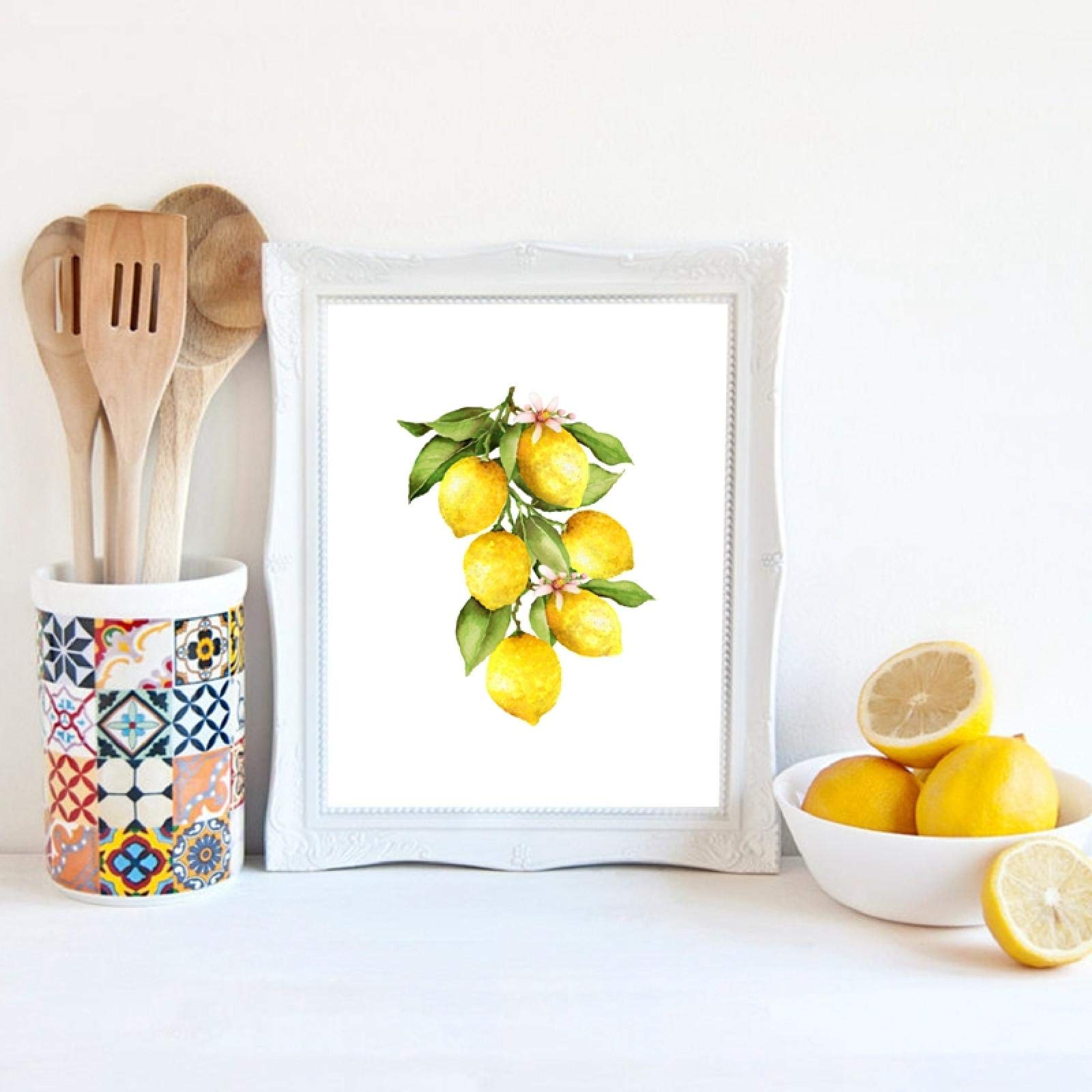 CREATCABIN 4 Toiles Murales Citron Aquarelle - Décoration Fruits Cuisine Chambre 25x20 Cm Sans Cadre