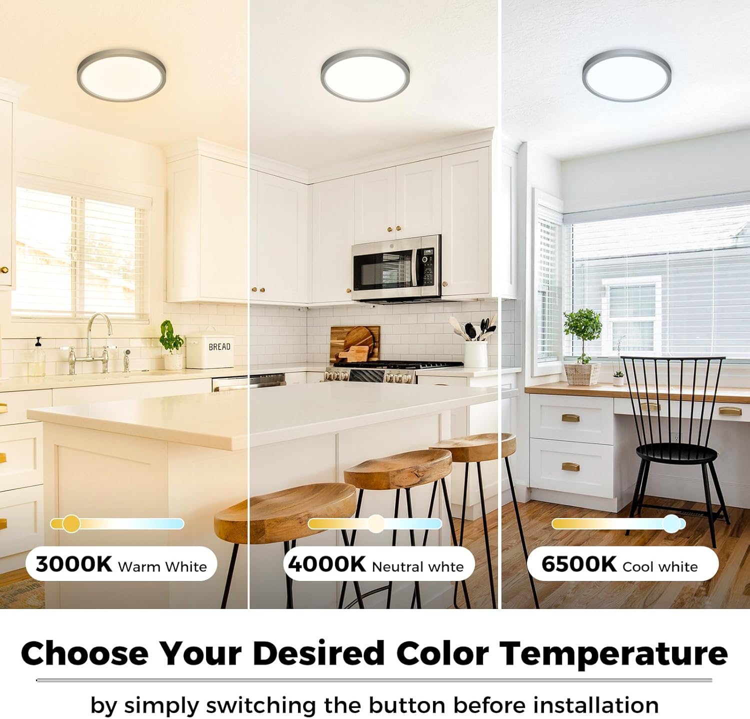 zemty LED Ceiling Light Fixture, 6.5-Inch 12W 1200lm Small Flush Mount Light, Adjustable 3000K 4000K 6500K Color Temperatures, Round Flat Recessed Lamp for Kitchen Closet Hallway Laundry, Black