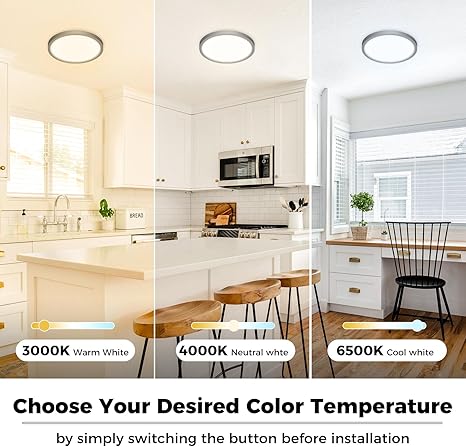 zemty zemty LED Ceiling Light Fixture, 6.5-Inch 12W 1200lm Small Flush Mount Light, Adjustable 3000K 4000K 6500K Color Temperatures, Round Flat Recessed Lamp for Kitchen Closet Hallway Laundry, Black photo 3