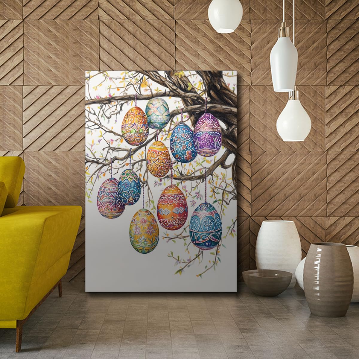 TOANGWALL Estampado rústico de huevo de Pascua con tela de lienzo ramas Estampado sobre lienzo Cuadro floral para decoración moderna de sala de conferencias 60x90cm