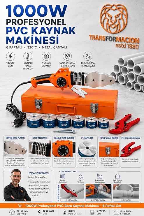 Transformacion PVC Boru Kaynak Makinesi - 6 Paftalı 320°C 1000W Profesyonel Metal Çantalı Set BORU KESME MAKASI HEDİYELİ 722973
