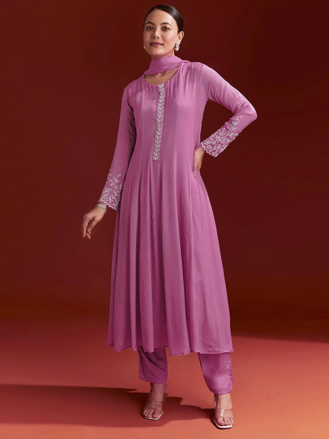 TRENDMALLS Women's Star Georgette Beads Embroidery Work Anarkali Kurta Pant Set with Dupatta Salwar Suit Set For Women