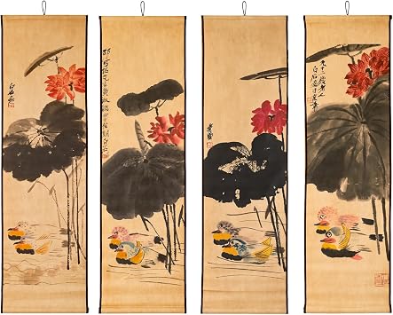 CIFIBIFUN Large 4 Panel Modern Ink Painting Wall Art Scroll Lotus Duck Flower