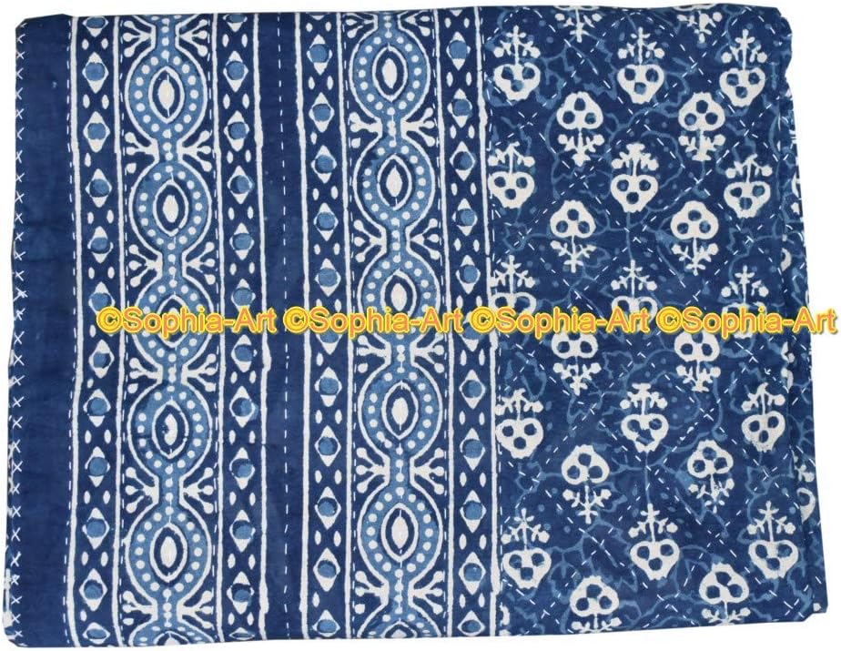 Sophia-Art Indigo Queen Size Kantha Block Printed Ralli Blanket Bedding Bedspread Gudari Quilt Vintage Handmade Made by Artisians of India Size 90" x 108" (pattern-04)