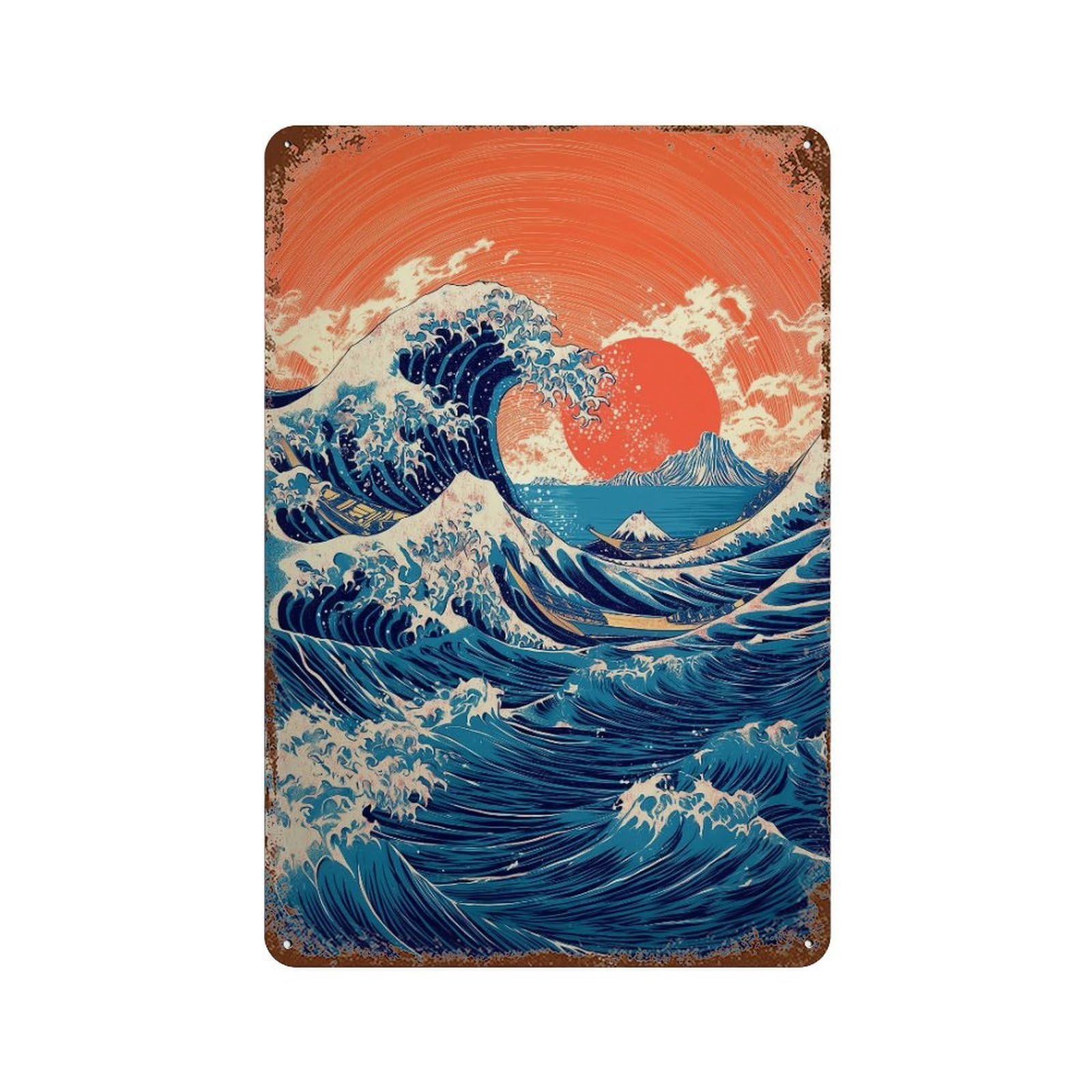 Garage Style Ocean Wave Sunset Poster Distressed Metal Wall Sign 11.8"x7.9", Shabby Chic Decor for Bar And Workshop