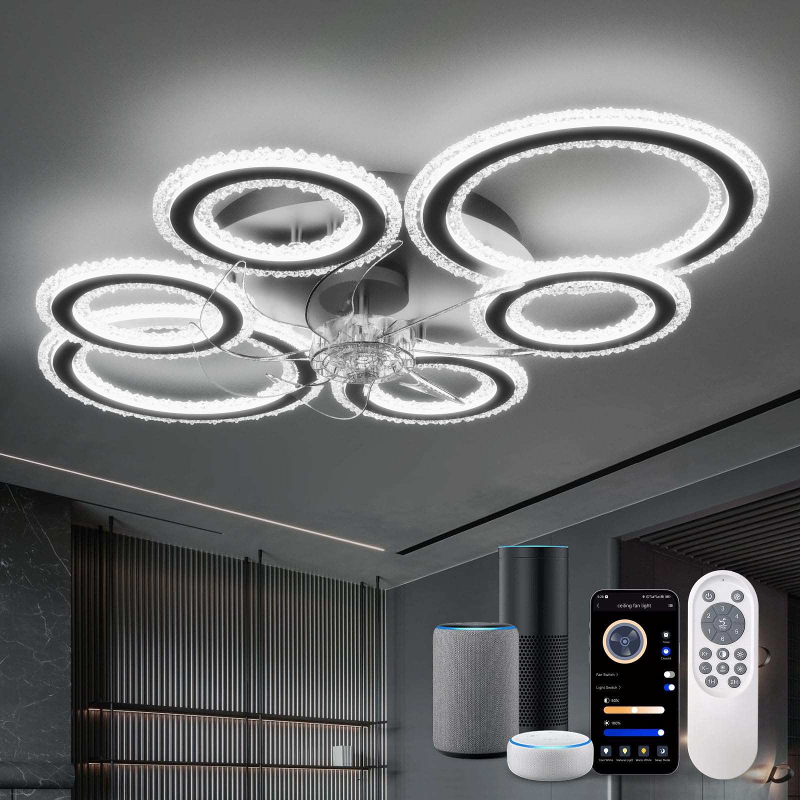 Dimmable Smart Ceiling Fan Lamp, Voice and App Control via Bluetooth (No WiFi), Ceiling Fan with Light 6 Rings Modern Design, Includes Remote Control for Living Room, Bedroom, Black
