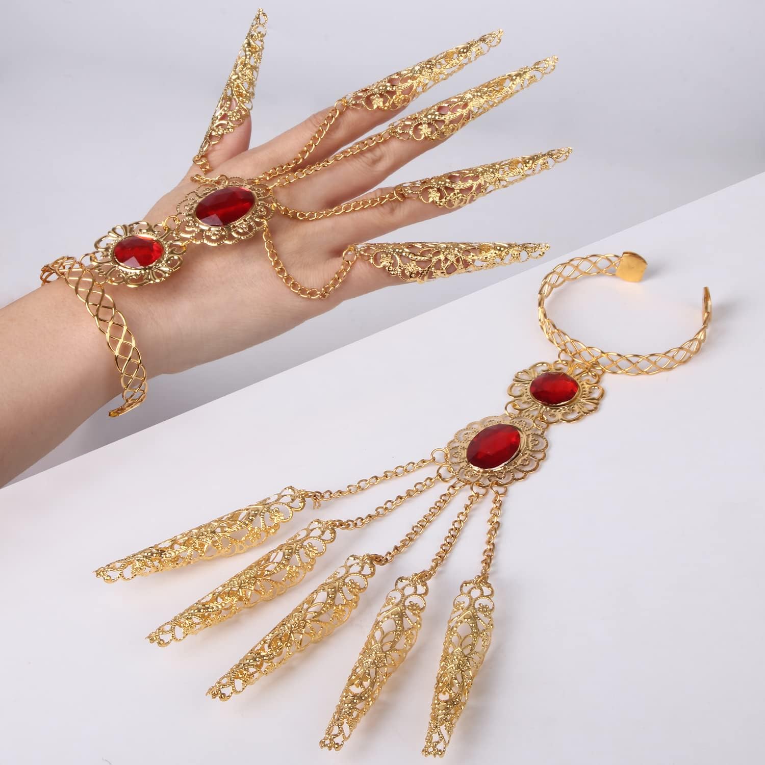 CROWN GUIDE Women's Belly Dancer Costumes Gypsy Egyptian Queen Costume Accessories Bangles with Finger Claws Goth Nails Indian Hand Jewelry Set Gold : Clothing, Shoes & Jewelry