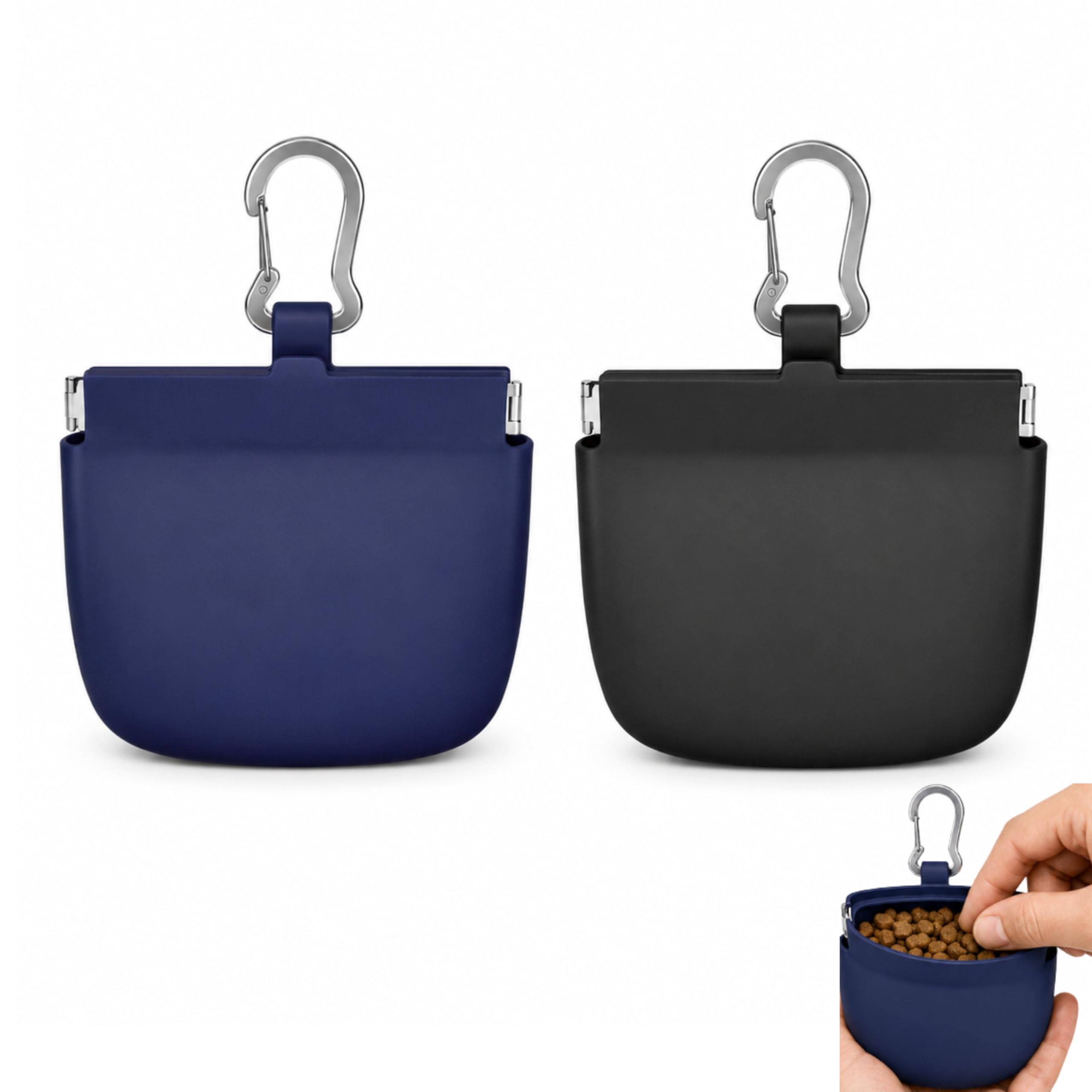 totnwrooye 2PCS Dog Treat Pouch, Self-Closing Silicone Dog Treat Pouch, Waterproof Dog Treat Pouch, Easy Clean Treat Pouch for Dog Training, Small Dog Treat Pouch with Carabiner (Black & Navy Blue)