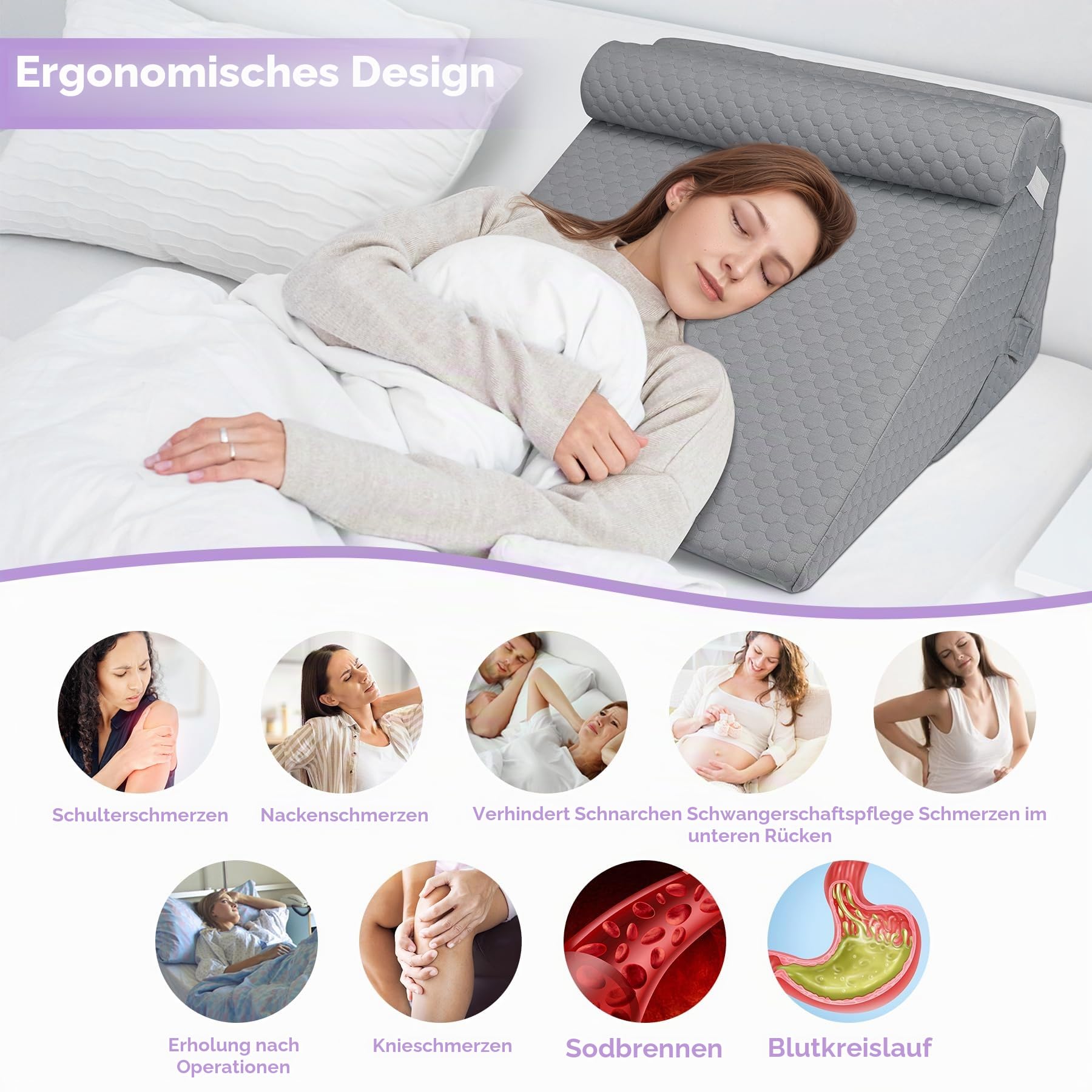 Bettkeilkissen, 3-in-1 erhöhtes Dreieckskissen mit Kopfstütze, 33 cm, verstellbares Neigungskissen zur Linderung von Säurereflux, nach Operationen, Rückenstütze, Schnarchen & Schlafen, weicher