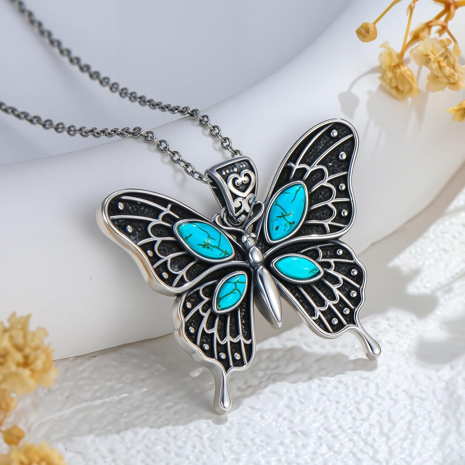 Genuine Turquoise Butterfly Necklace, Sterling Silver Vintage Native American Western Boho Gemstone Pendant Jewelry for Women - Image 3