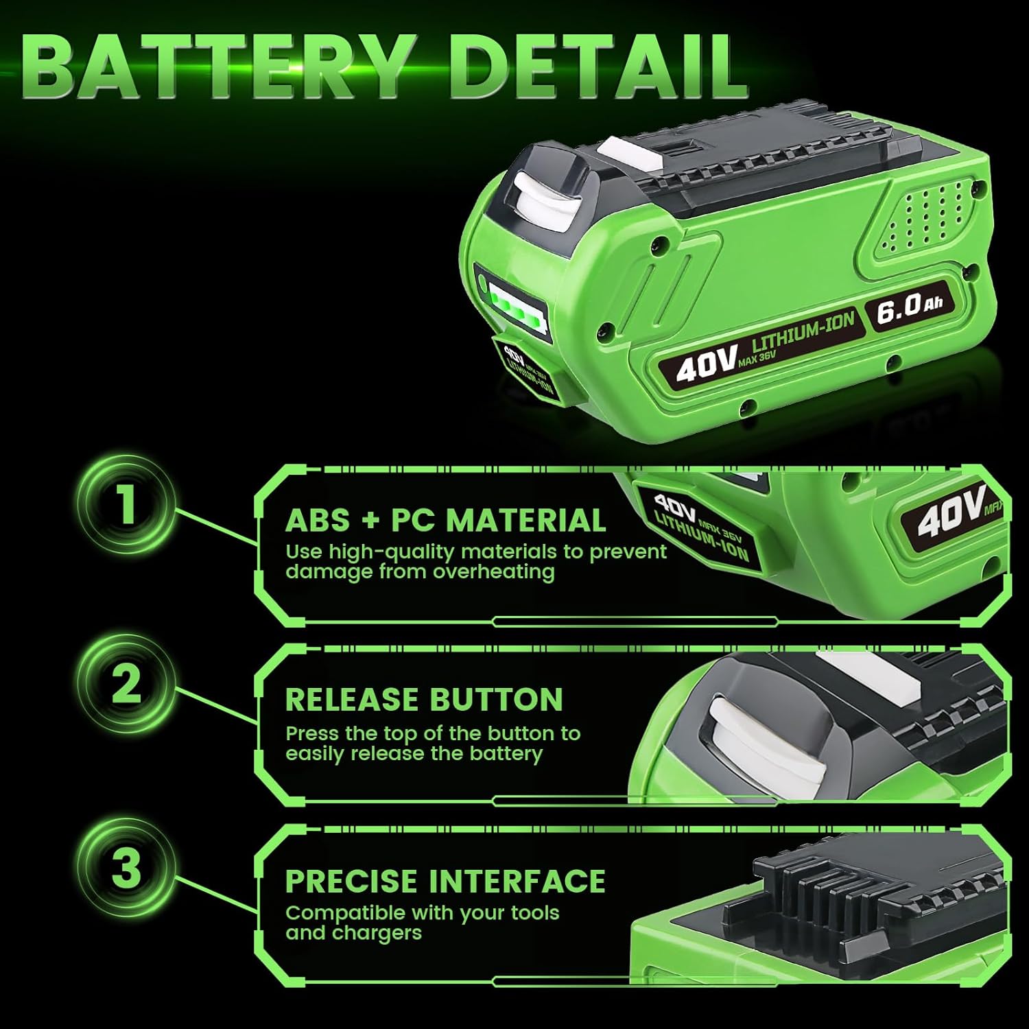 FERRYBOAT 29462 40V 6.0Ah Battery Replacement for GreenWorks 40V Battery 29472 29462 29252 20202 22262 25312 25322 20642 22272 27062 21242 G-Max Cordless Power Tools