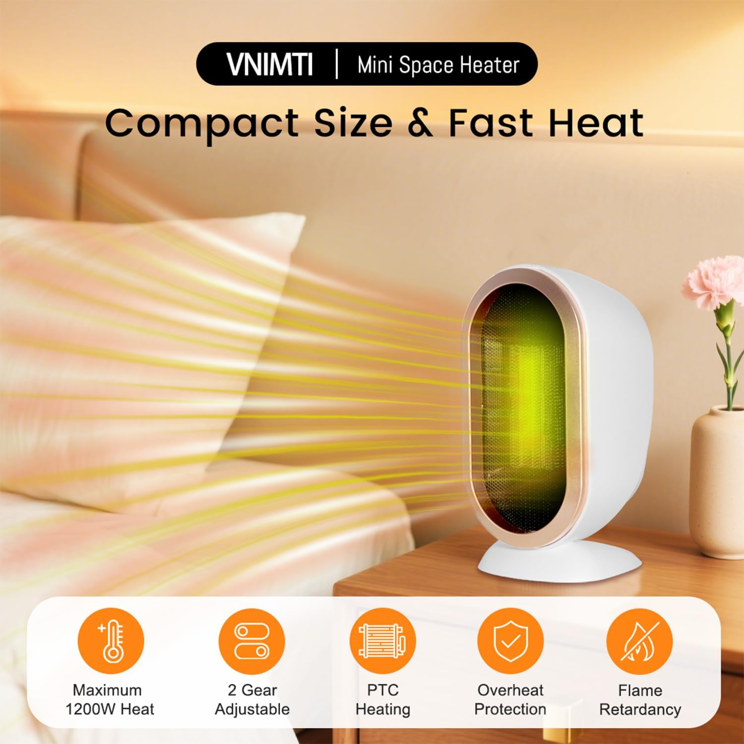 VNIMTI Space Heater, 1200W Portable Electric Heater indoor use, Mini Desk PTC Fast Heater for Office, Bedroom, Tip-Over & Overheat Protection, White