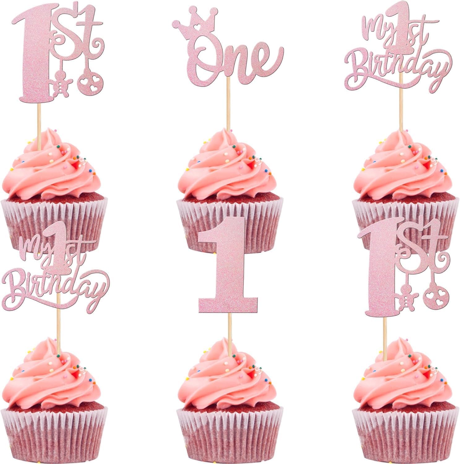 SYKYCTCY 24 Pack One Birthday Cupcake Toppers Glitter Happy 1st Birthday Cupcake Picks Crown Happy Birthday Cake Decorations for First Baby Shower Anniversary Party Supplies