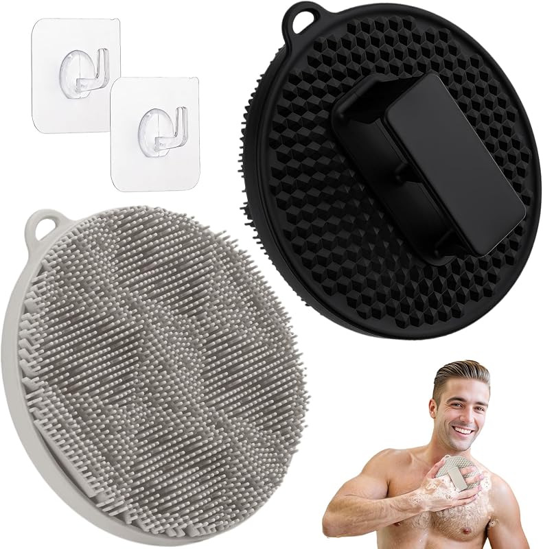Escova de banho de silicone GEENOA com cerdas onduladas e alça antiderrapante, preta e cinza-clara, pacote com 2