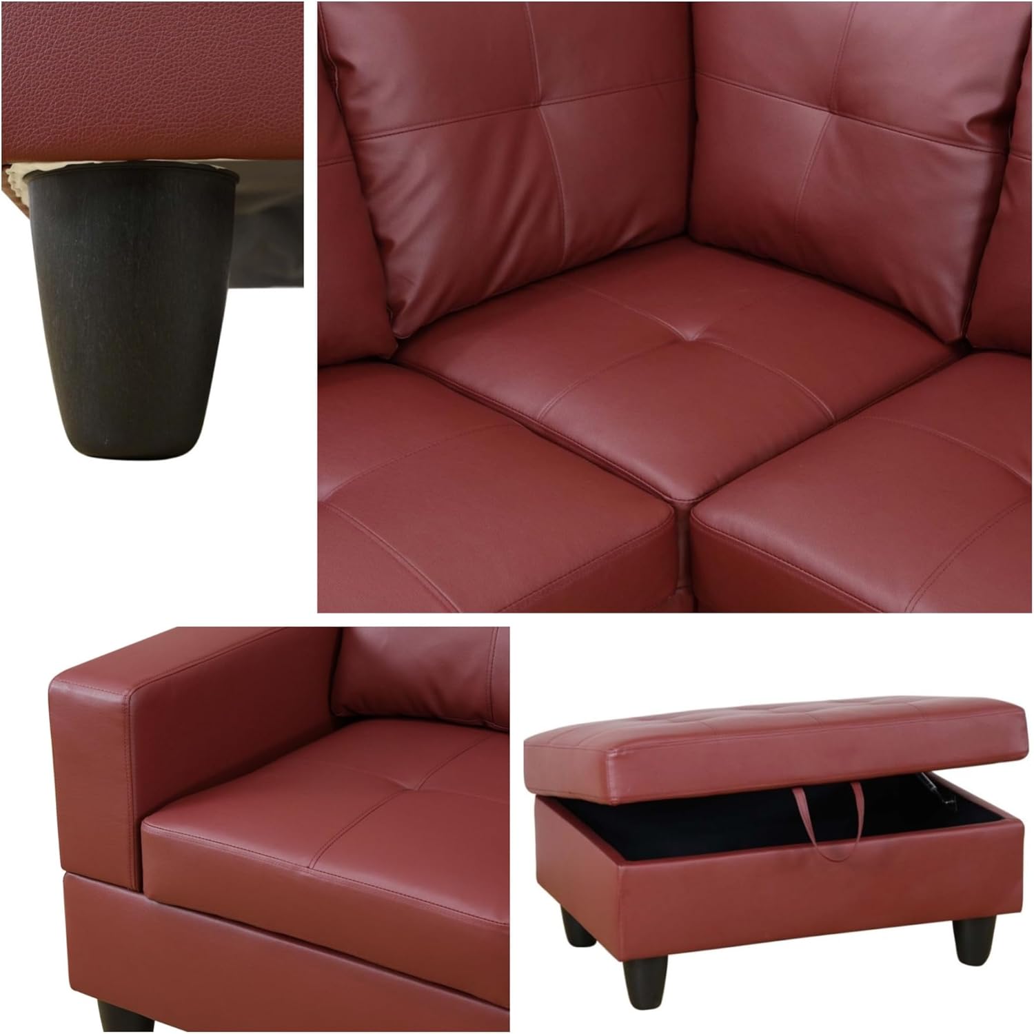 103.5" Sectional Couches for Living Room, Leather 4 Seat L Shaped Couch with Chaise, 3-Piece Modular Sofa with Storage Ottoman, Home Furniture Sets for Apartment Office, Dark Red