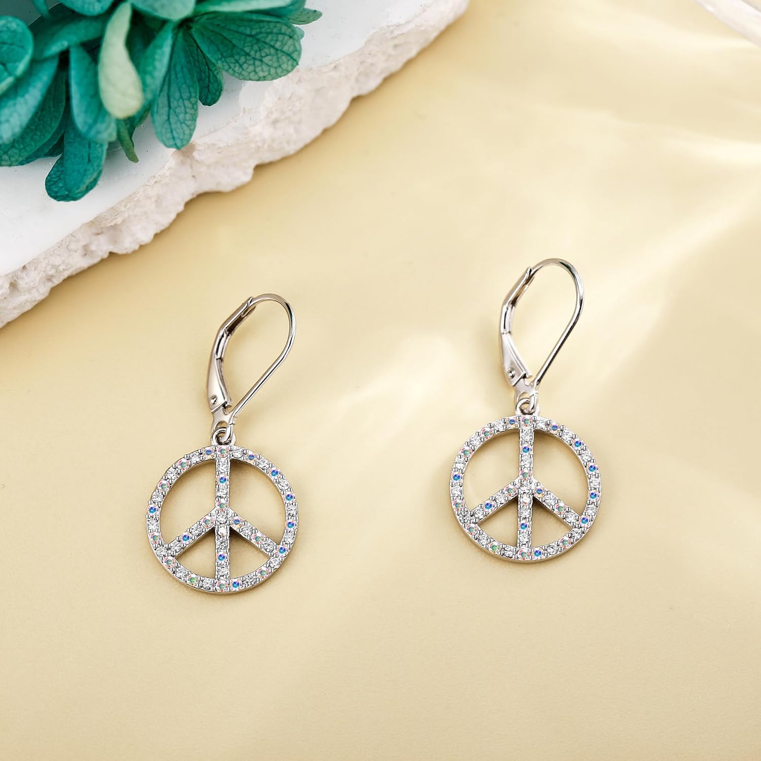 Peace Sign Earrings 925 Sterling Silver Colorful Rainstone Peace Sign Drop Earring for Women Hippie Accessories Jewelry for Women