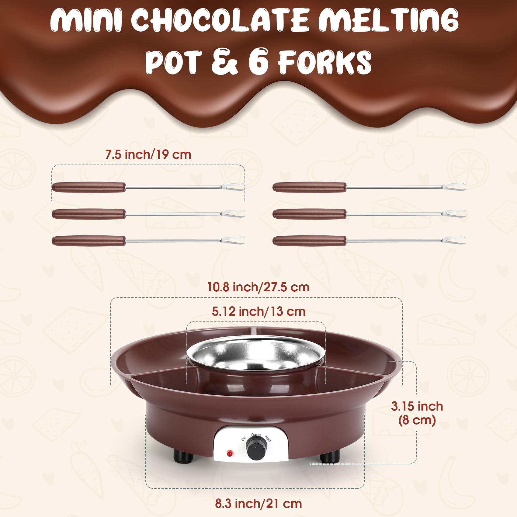 MINI - Service à fondue électrique de 250 ml pour chocolat électrique avec 6 fourchettes, fontaine à fondue au chocolat, machine à chauffer le chocolat au lait, le fromage, le beurre et le caramel