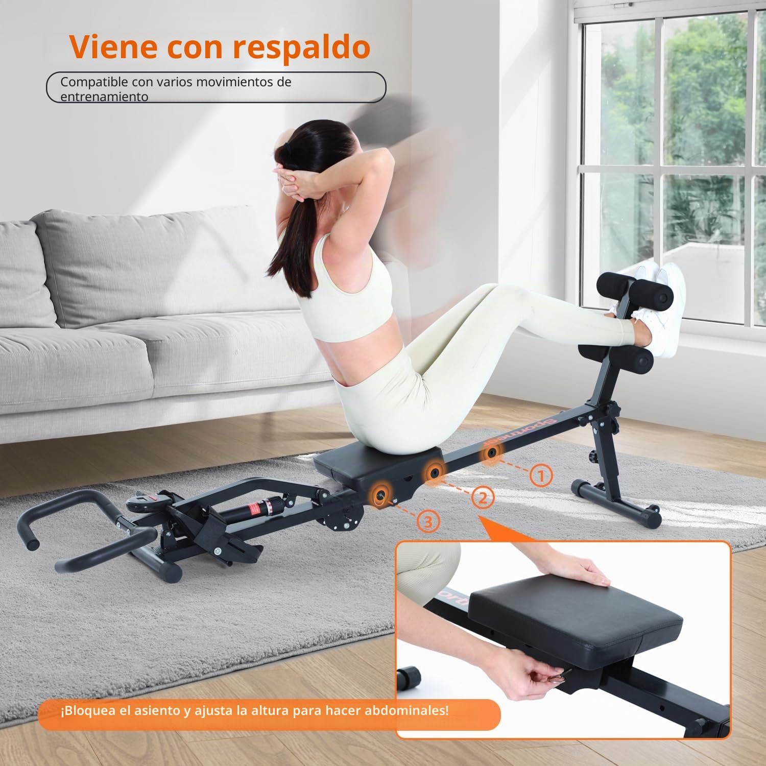 Máquina de remo para el hogar, Sportneer hidráulica plegable con 12 niveles de resistencia, máquina de fitness para el hogar, abdominales con mango en U y respaldo, soporta hasta 135 kg