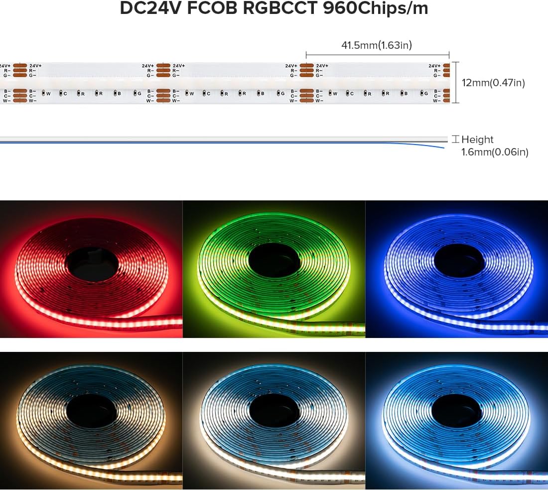 COB LED Strip RGBCCT Color Changing 9.8FT 960LEDs/m 24V Flexible High Density Cob Strips RGB CCT Tunable White 3000K-6000K 12mm Led Tape Light for Cabinet (No Power/Controller)