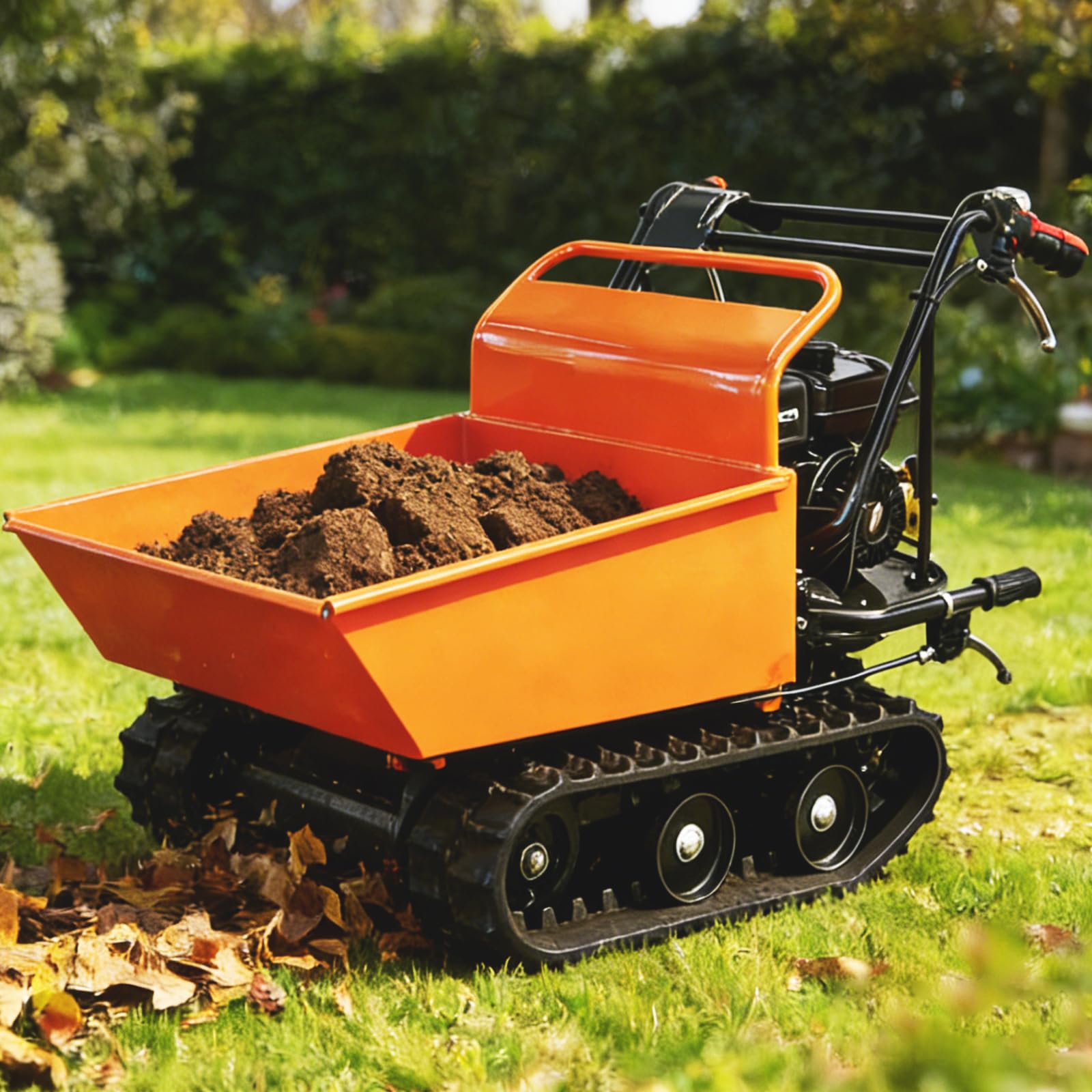 660 lb Capacity Gas Powered Track Barrow with Welded Bucket 208cc 6.5HP Engine 3F+1R Transmission Manual Tipping Rubber Tracks Walk-Behind, Orange