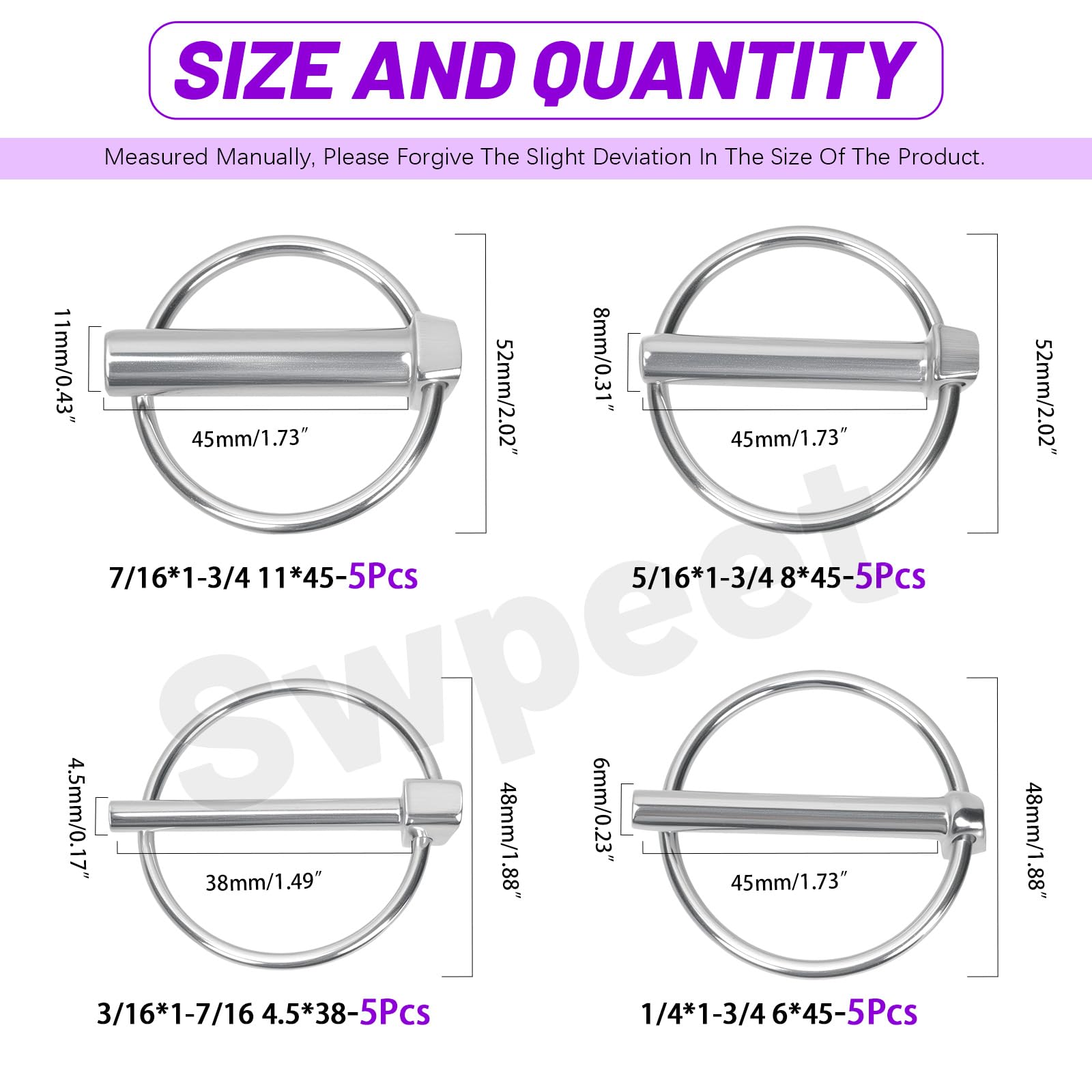 Swpeet 20Pcs 4Sizes 7/16" 5/16" 3/16" 1/4" O-shaped Carbon Steel Trailer Coupler Pin Assortment Kit - Image 2