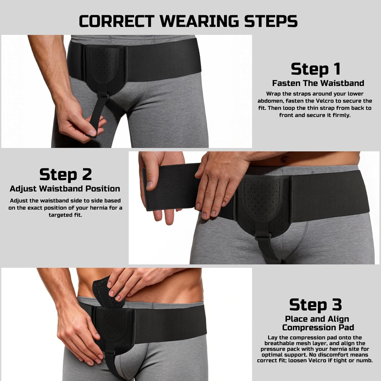 Hernia Belts for Men & Women, Inguinal Hernia Belt for Men Fits Left or Right Hernia, Hernia Support for Men With Adjustable Waist Strap & Compression Pressure Pad for Pre & Post-Surgery | Black