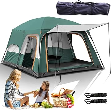 Camping Tent, 2-Room Pop Up Tent with Porch, Waterproof Sun Shelter, Carry Bag, PU 3000MM PE Tarp, Ideal for Backpacking and Hiking