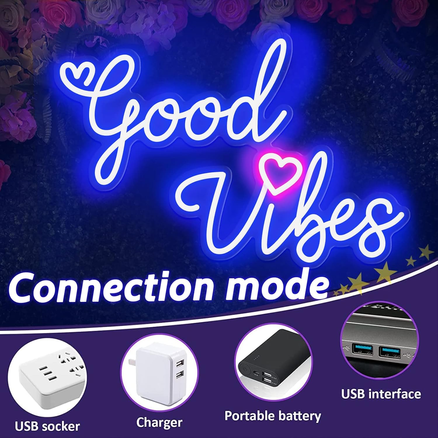 Good Vibes Neon Sign for Wall Decor, Dimmable USB Powered Good Vibes LED Neon Light for Party and Gift (Blue,15.3 x 10.5 inch)