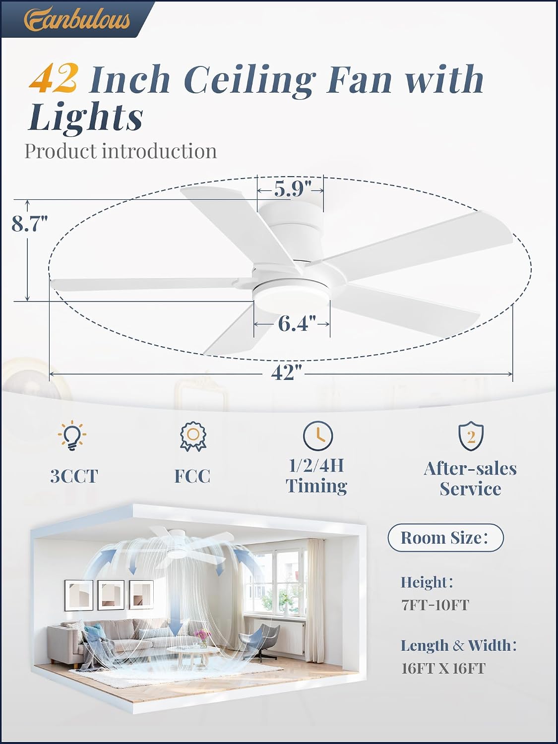 Fanbulous Ceiling Fans with Lights and Remote, 42 inch Low Profile Flush Mount Ceiling Fan,White Modern Ceiling Fan with LED Light for Bedroom Indoor Outdoor-5 Reversible blades, 3CCT, 6 Speeds, Timer