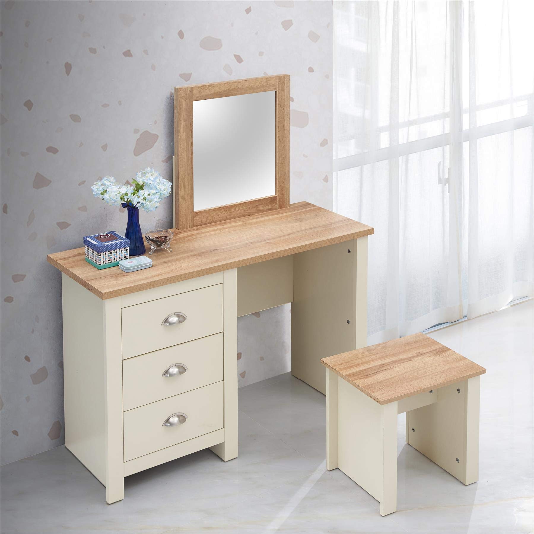 Lisbon Dressing Table 3 Drawer Set Cream Vanity Makeup Desk Stool Mirror