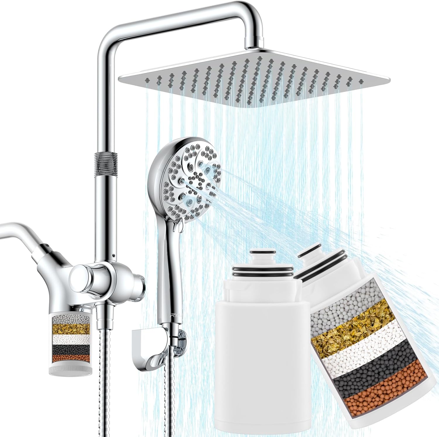 Upgraded Dual Shower Heads Combo, 10 inch Filtered Shower Head with Handheld (Silver) & 2-Pack Filter Replacement