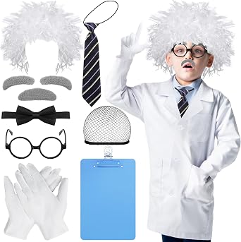 Suhine 9 Pieces Mad Scientist Costume Set Halloween Crazy Mad Scientist Wig Lab Coat Glasses Mustache Physicist Costume