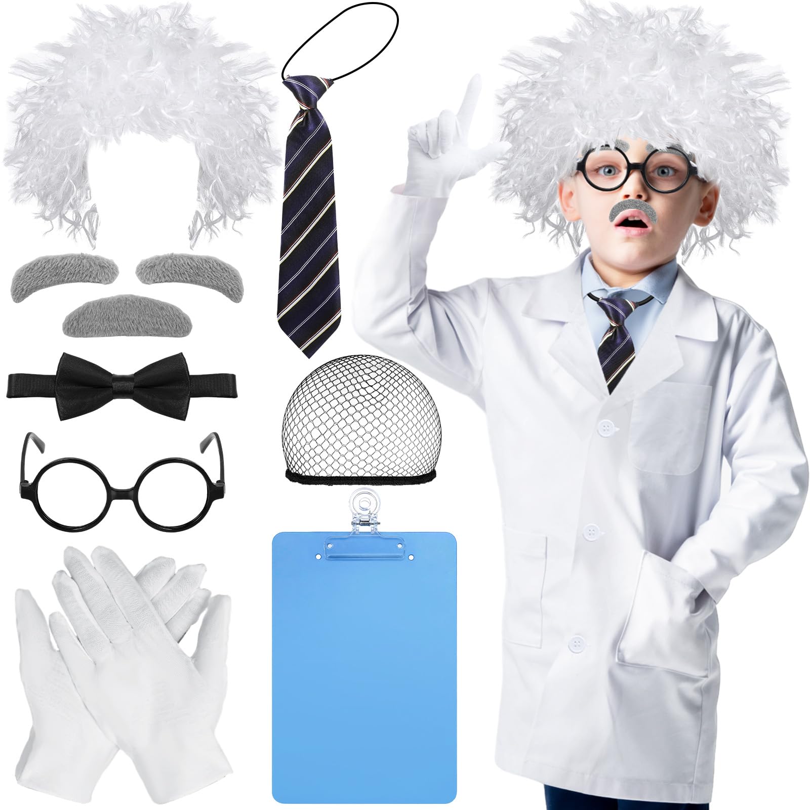 Suhine 9 Pieces Mad Scientist Costume Set Halloween Crazy Mad Scientist Wig Lab Coat Glasses Mustache Physicist Costume
