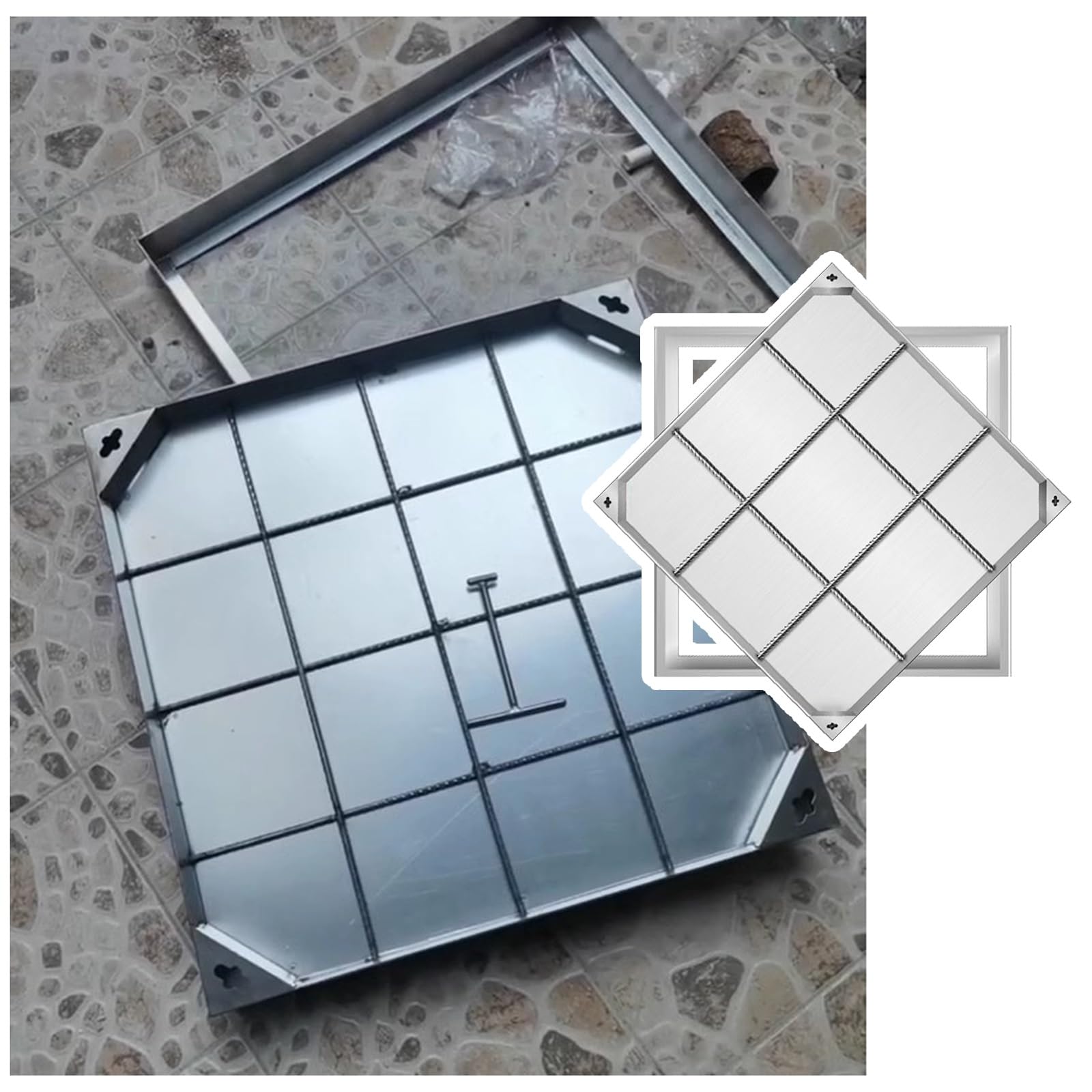 Coperchio per pozzetto 300x300 e Coperchio di ispezione per Veicoli fognari in Metallo Pesante, Design Personalizzato Disponibile, sportello di Accesso Esterno Incassato (33,5" x 33,5")