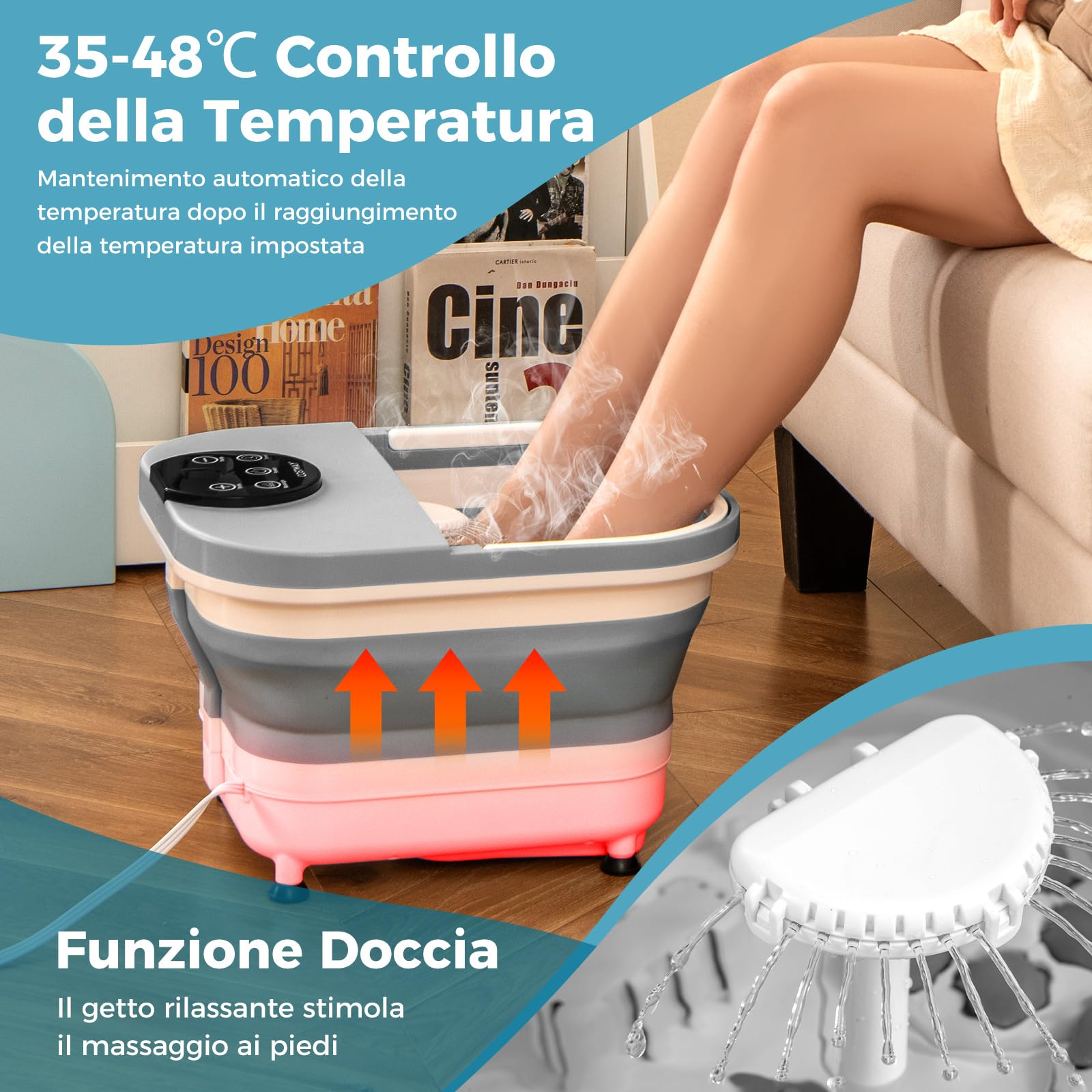 COSTWAY Massaggiatore Pieghevole per Pediluvio, Idromassaggiatore Plantare con Calore Doccia e Timer, Massaggianti Shiatsu Motorizzate, 35-48 ℃