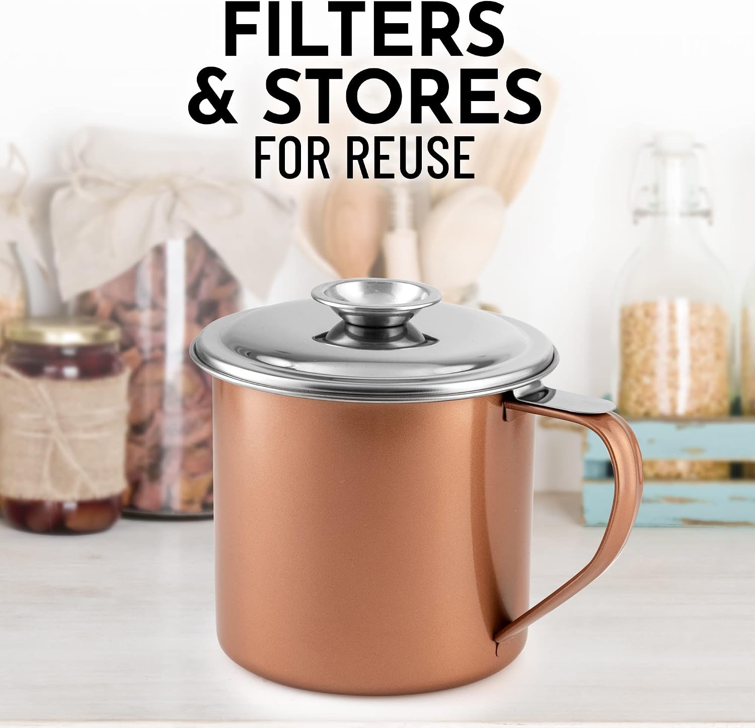 Zulay Kitchen Bacon Grease Container With Strainer - 1L Stainless Steel Cooking Oil Container With Lid & Handle - Large Ghee Container or Bacon Fat Container Perfect For Storing Fats & Frying Oils