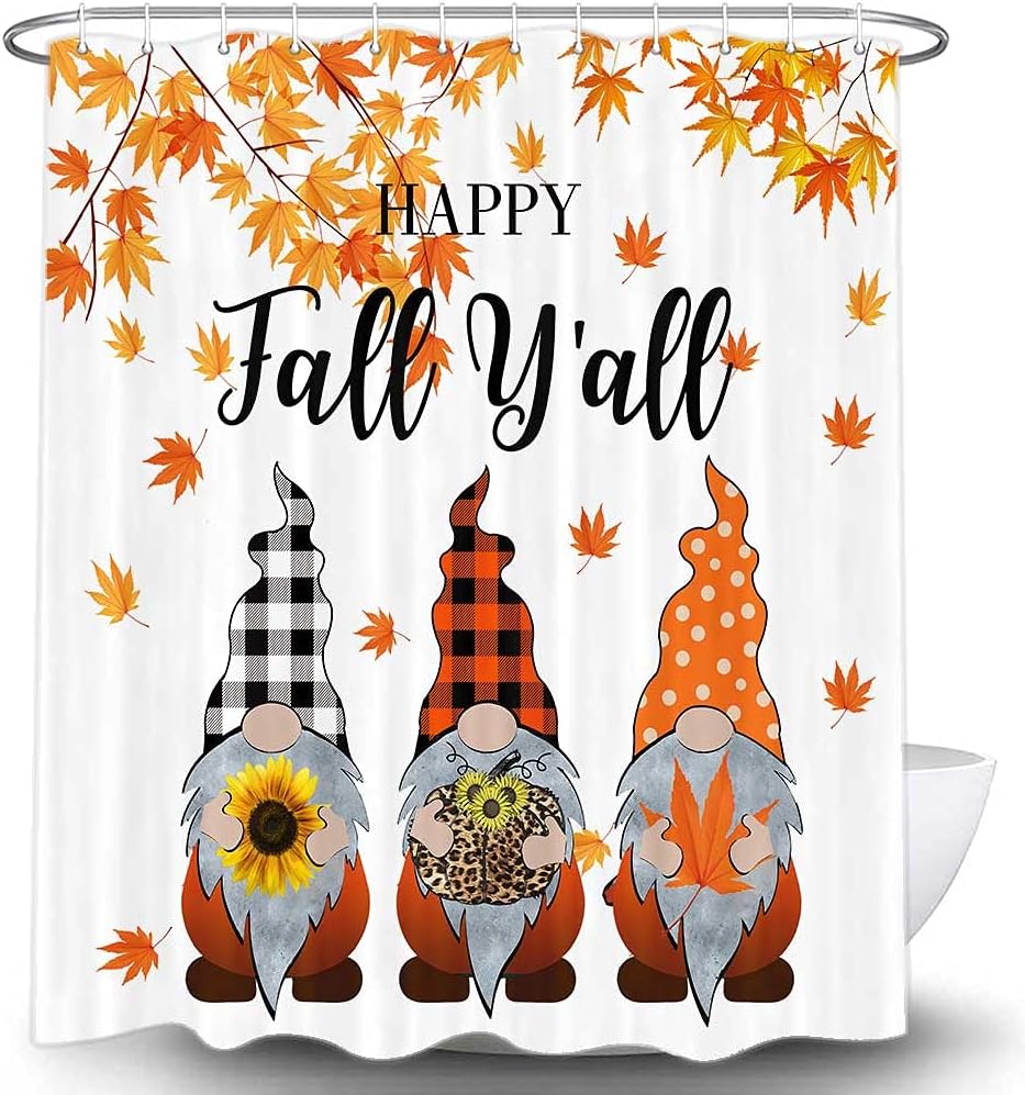 Fall Gnomes Shower Curtain for Bathroom, Autumn Thanksgiving Holiday Maple Leaves Fabric Shower Curtains Set, Cute Farmhouse Pumpkins Sunflower Harvest Restroom Decor Accessories with Hooks 69X75