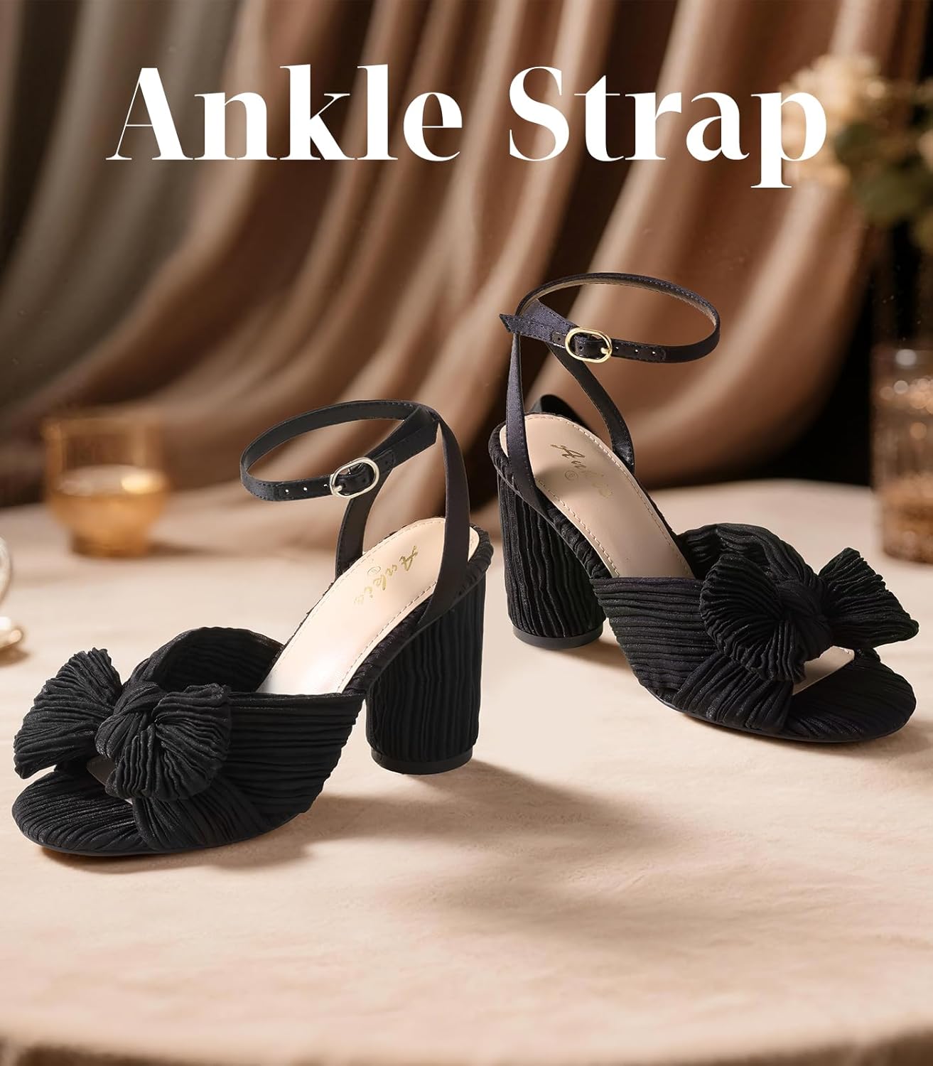 Ankis White Gold Bow Heel Chunky Wedding Shoes for Bride 3.15 Inch High Heel Open Toe Ankle Buckle Strap Dressy Pleated Kont Women Shoe Party Graduation Event Summer - Image 6