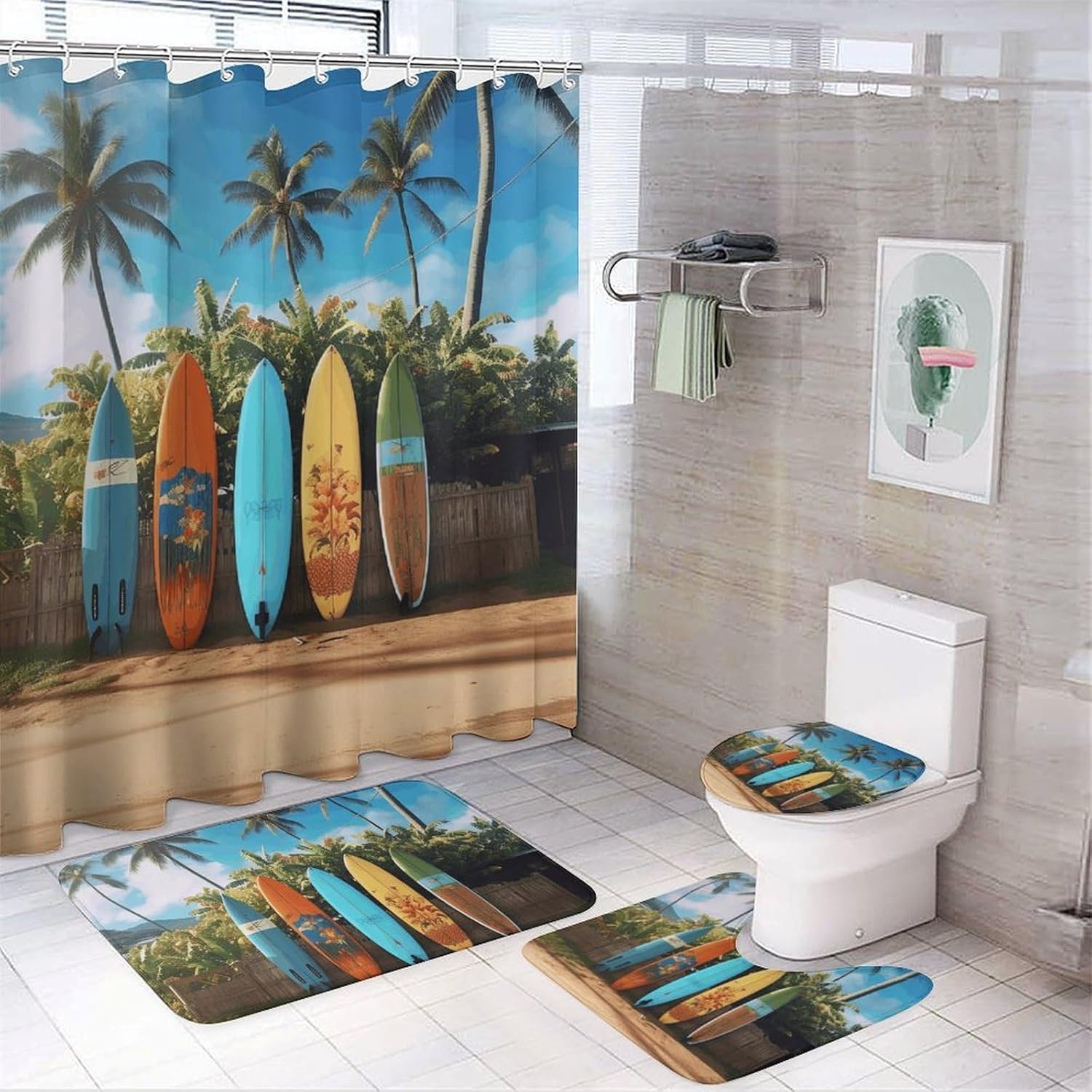 Surf's Up Surfboard Shower Curtain Set 4 Piece, Non-Slip Bath Mat with Toilet Lid Cover and Waterproof Shower Curtain with 12 Hooks, Complete Bathroom Set for Home Decor